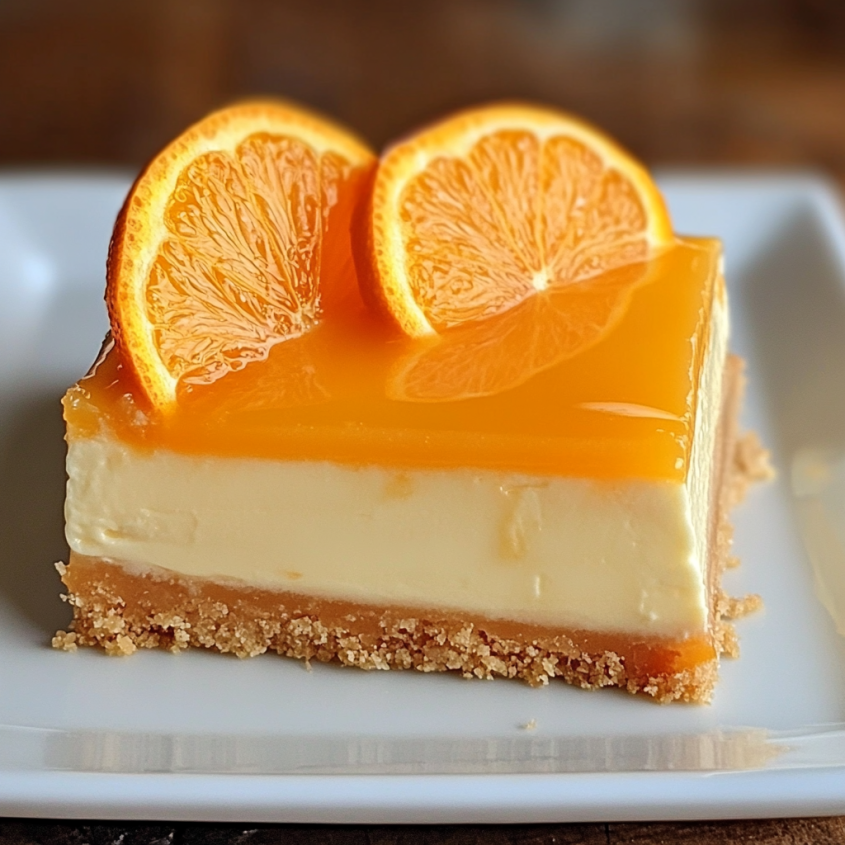 A slice of orange creamsicle cheesecake bars.