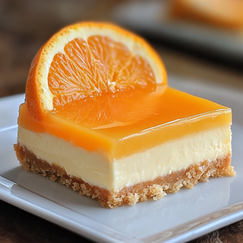 A slice of orange creamsicle cheesecake bars.