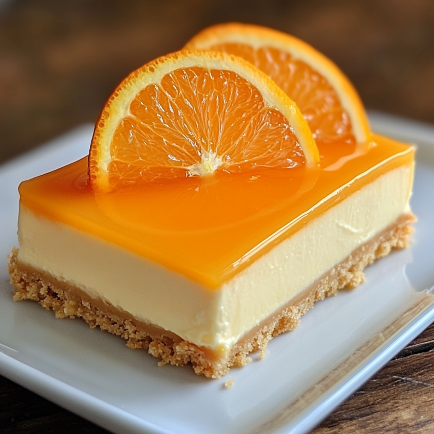 A slice of orange creamsicle cheesecake bars.