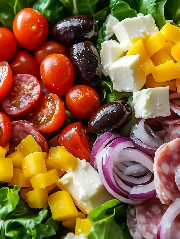 A colorful salad with tomatoes, onions, olives, and cheese.