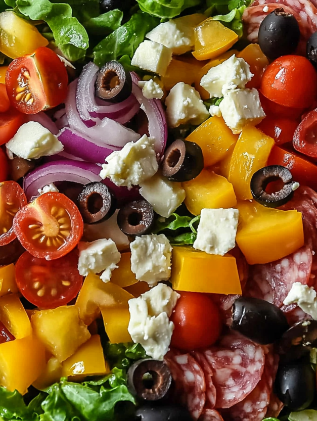 A colorful salad with tomatoes, onions, olives, and cheese.