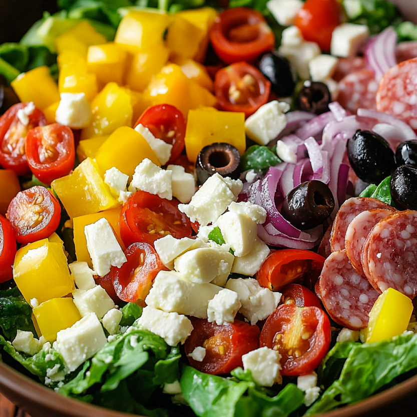 A colorful salad with tomatoes, onions, olives, and ham.