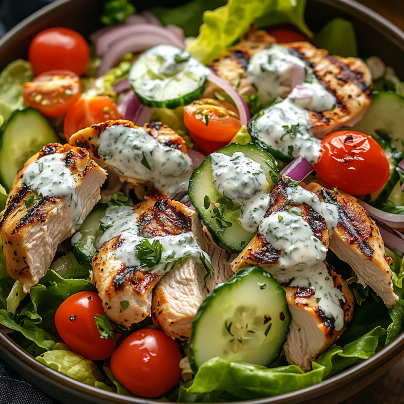 A bowl of chicken salad with tomatoes, cucumbers, onions, and a white sauce.