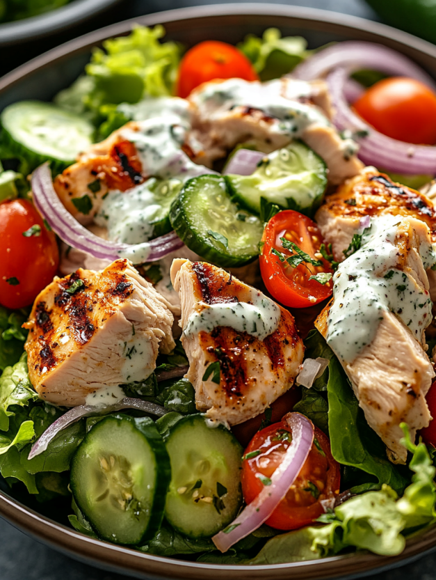A salad with chicken, tomatoes, cucumbers, onions, and a dressing.