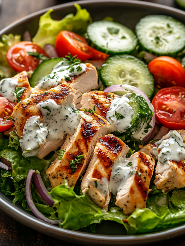 A plate of chicken salad with tomatoes, cucumbers, and onions.