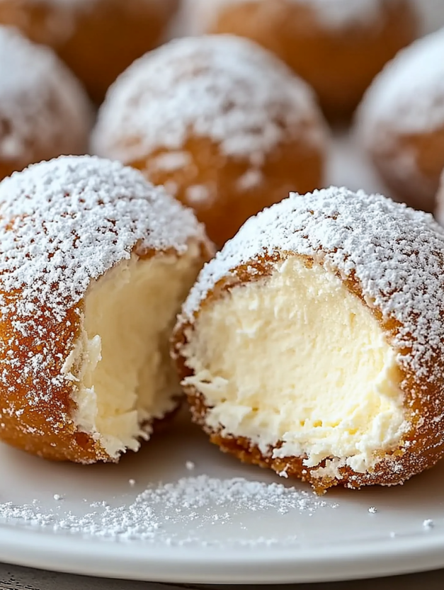 A plate of cheesecake balls covered in powdered sugar.