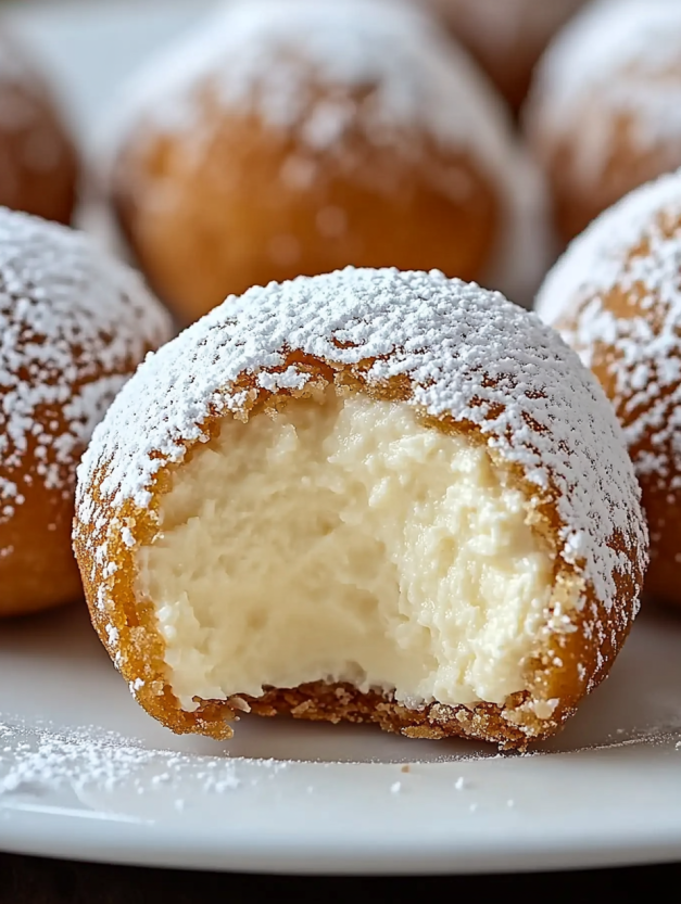 A plate of cheesecake balls with powdered sugar on top.