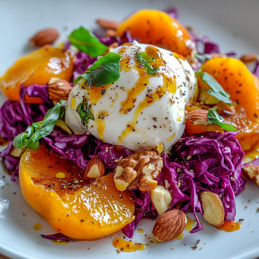 A plate of food with a persimmon burrata salad.