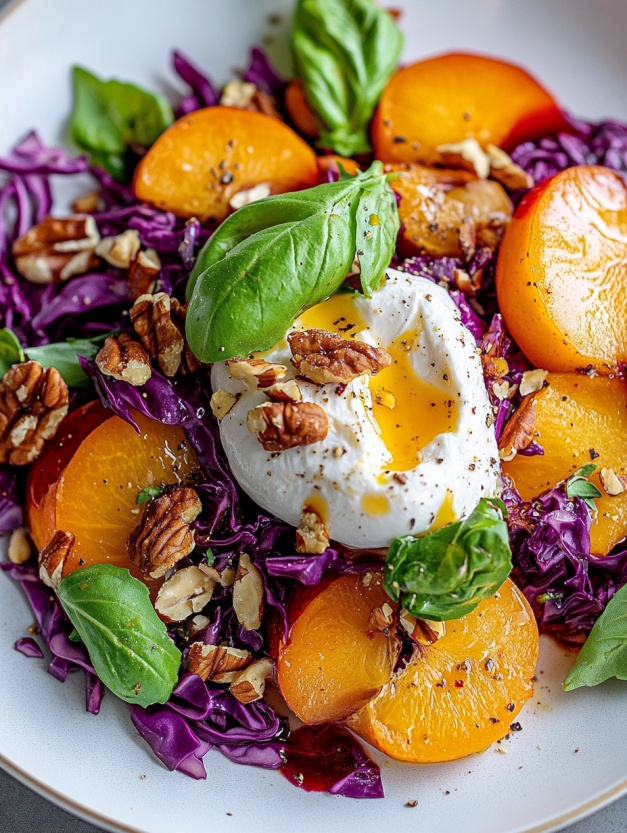 A salad with persimmons, spinach, and goat cheese.