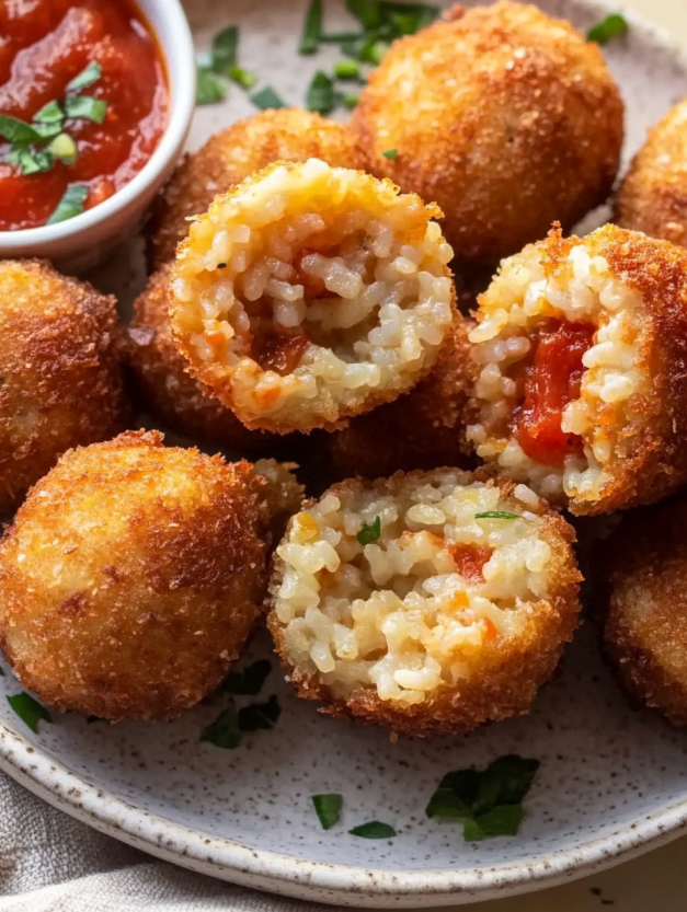 A plate of cheesy Sicilian arancini balls.