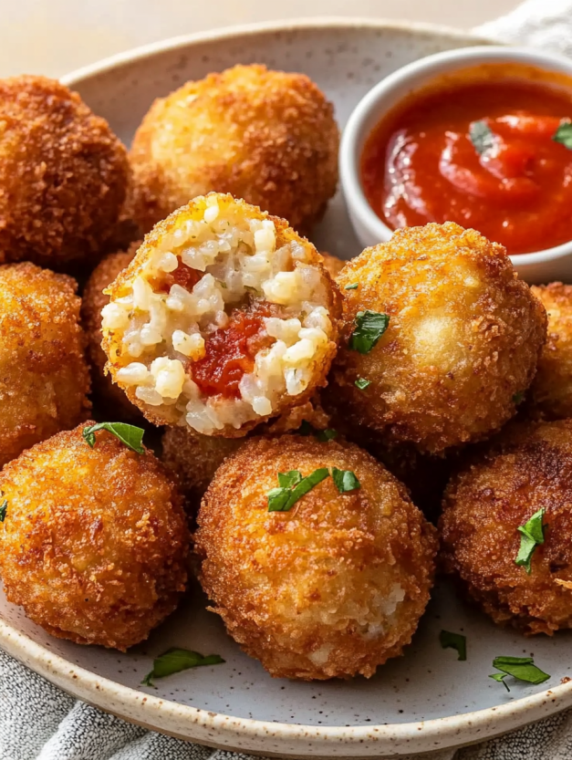 A plate of cheesy Sicilian arancini balls.