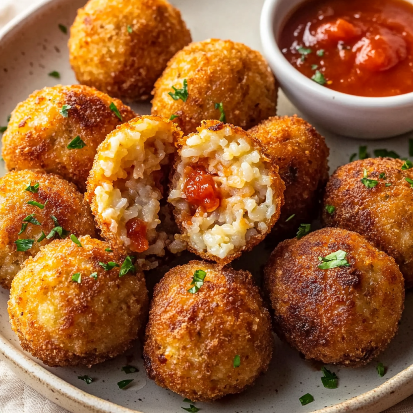 A plate of cheesy Sicilian arancini balls.
