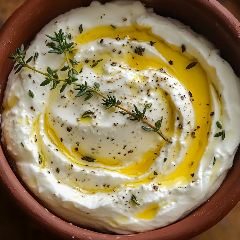 A bowl of whipped ricotta with honey and thyme.