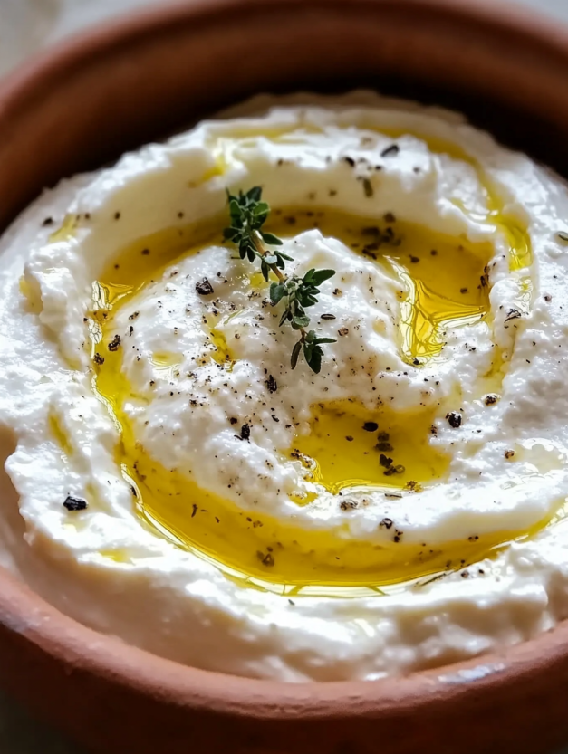 A bowl of whipped ricotta with honey and thyme.