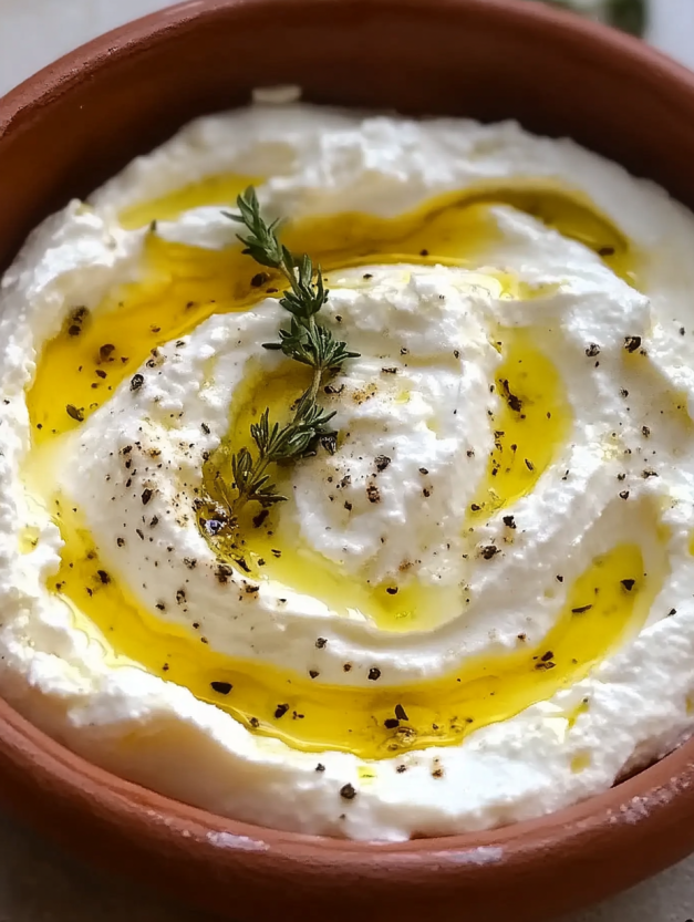 A bowl of whipped ricotta with honey and thyme.