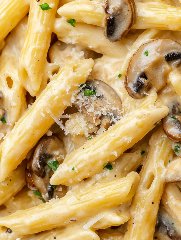 A close up of a creamy mushroom chicken pasta dish.