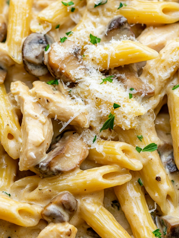A delicious creamy mushroom chicken pasta dish.