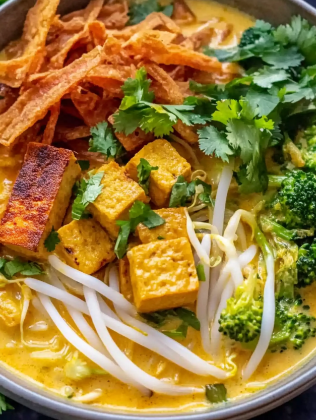 A bowl of curry laksa noodles with crispy tofu.