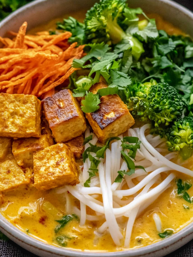 A bowl of curry laksa noodles with crispy tofu.