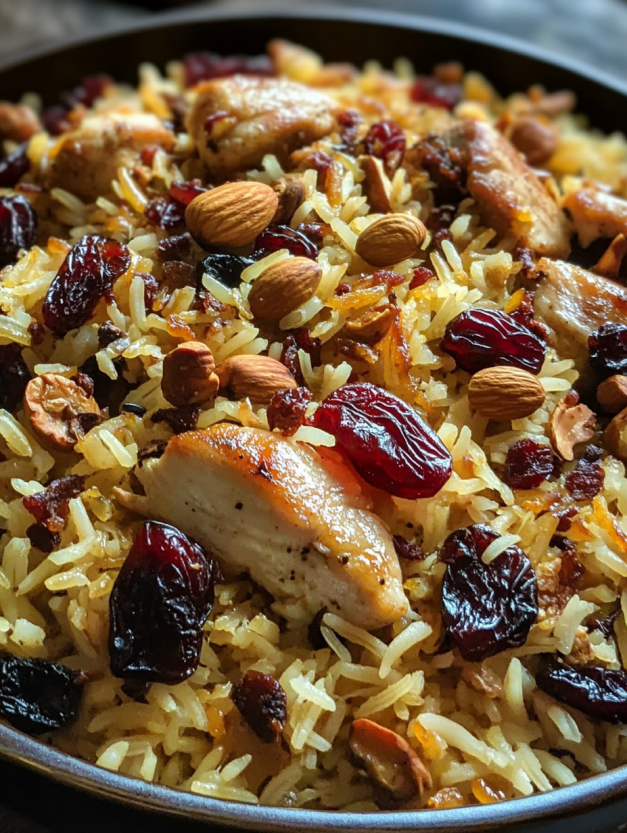 A Persian-inspired chicken and rice dish with dried fruit.