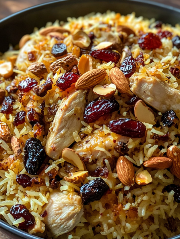 A dish of Persian-inspired chicken and rice with dried fruit.