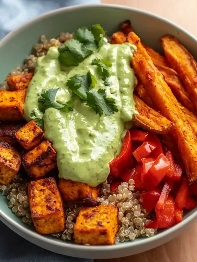 A bowl of food with tofu, vegetables, and sauce.