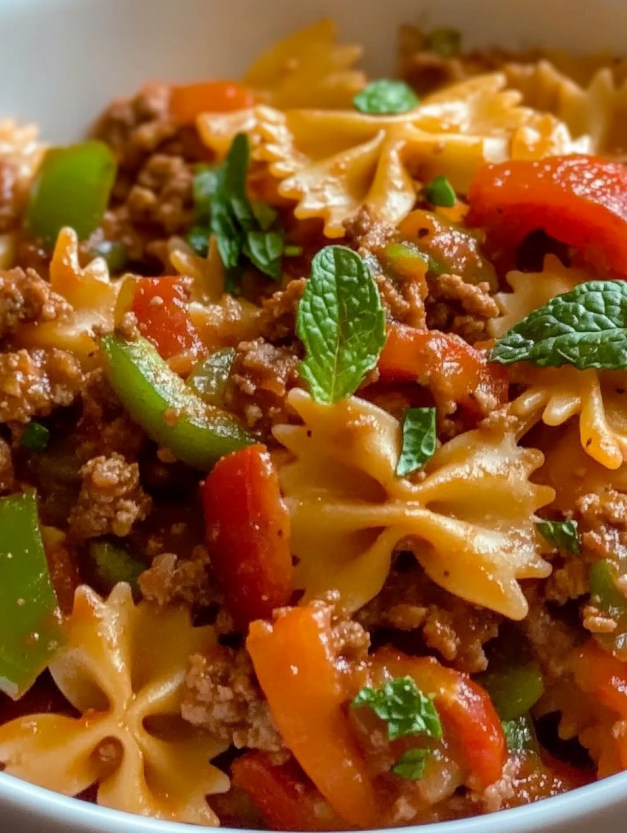 A bowl of pasta with meat and vegetables.