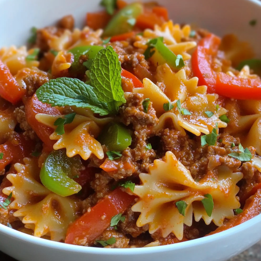 A bowl of pasta with vegetables and meat.