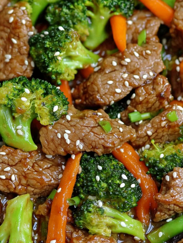 A plate of beef and broccoli.