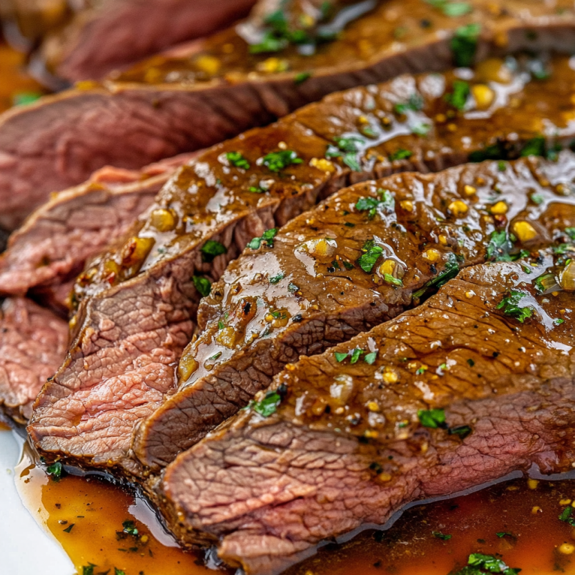 A close up of a piece of meat with a brown sauce.
