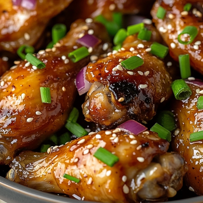 A bowl of honey soy garlic chicken wings.