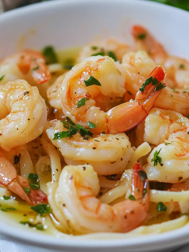 Shrimp scampi pasta bake with garlic and herbs.