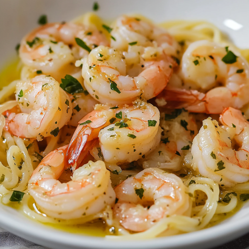 A bowl of shrimp scampi pasta bake.