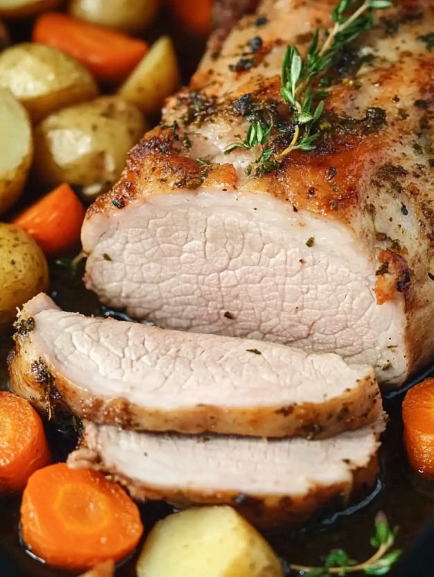 A roasted pork loin with garlic and herbs.