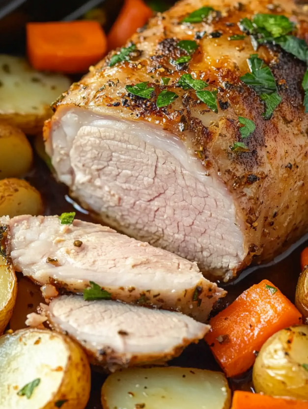A piece of pork with herbs and garlic.