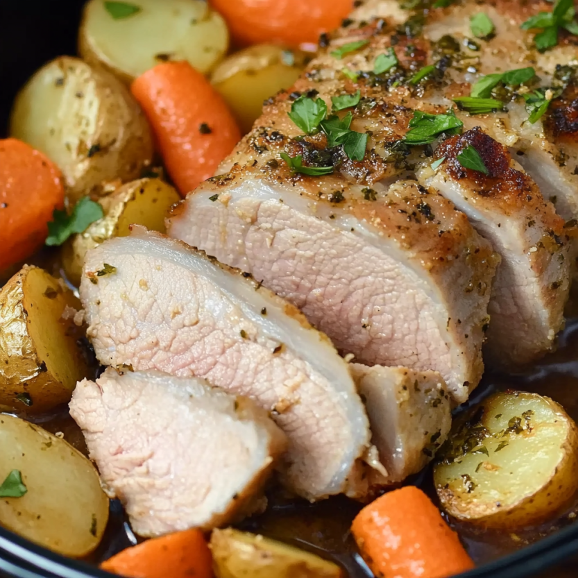A pork loin with garlic and herbs.