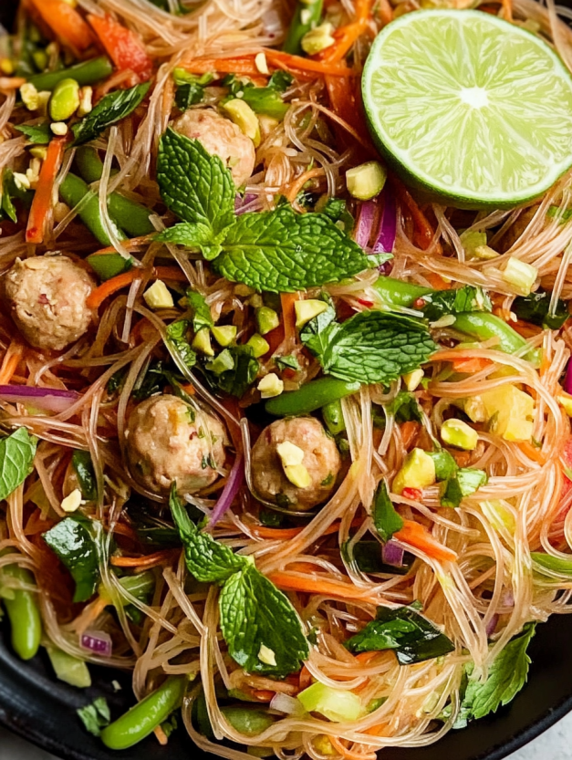 A bowl of noodles with vegetables and meat.