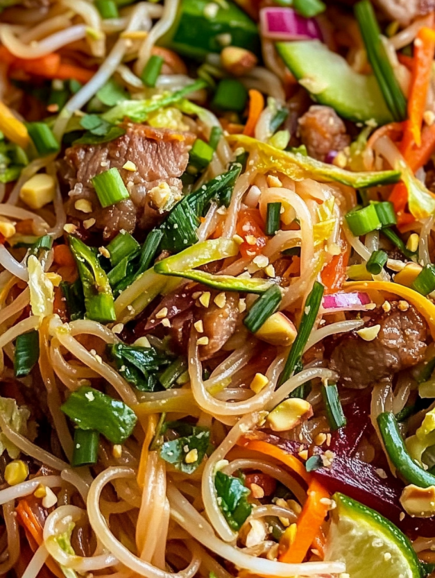 A bowl of noodles with vegetables and meat.
