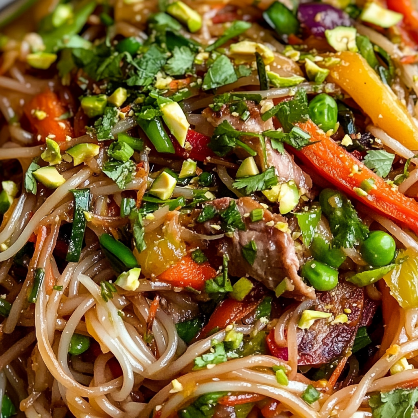A bowl of noodles with vegetables and meat.