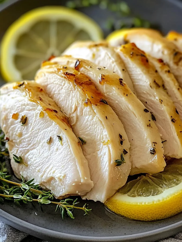 Poached chicken with lemon and herbs.