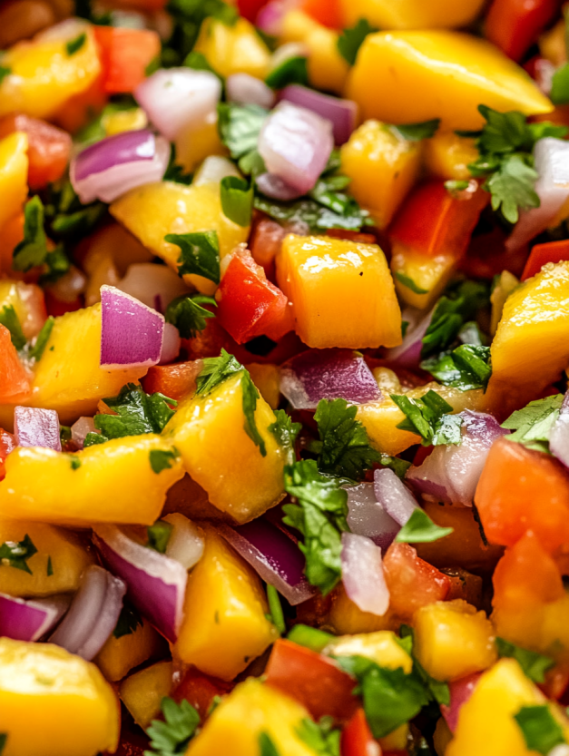 A colorful salad with mango, onions, and cilantro.