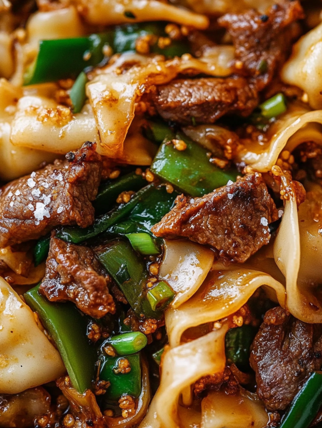 A plate of cumin lamb noodles.