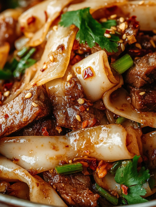 A plate of noodles with meat and vegetables.