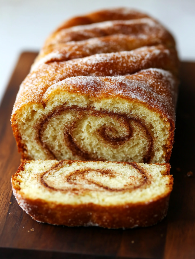 A slice of cinnamon swirl donut bread.