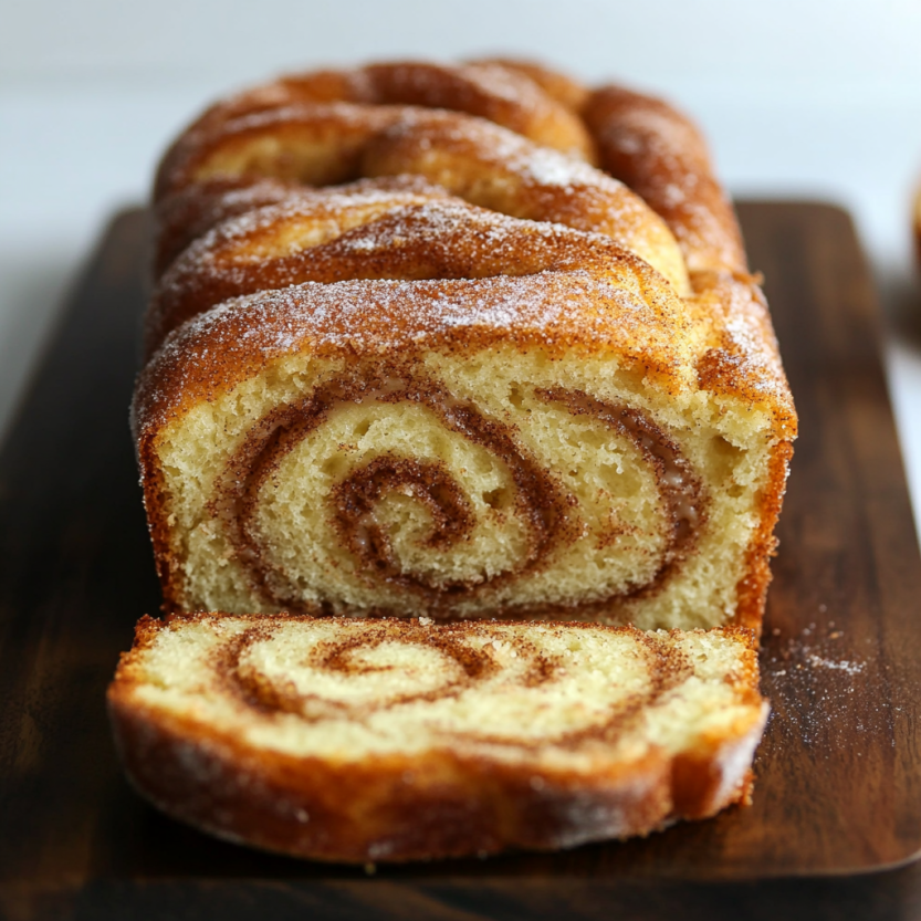 A slice of cinnamon swirl donut bread.
