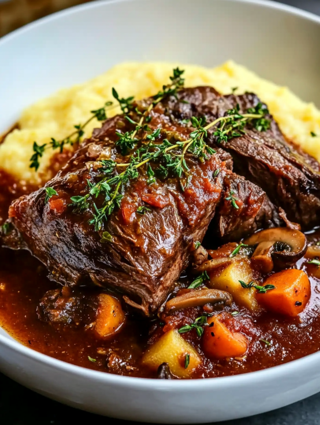 A plate of meat and vegetables, including carrots, mushrooms, and potatoes, is served in a bowl.