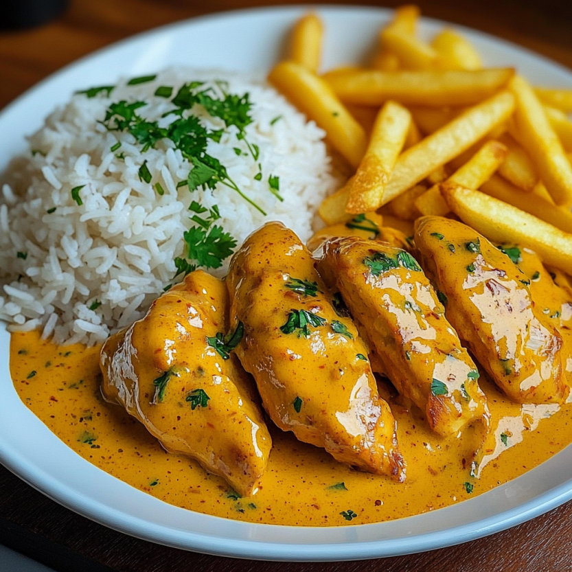 A plate of food with rice, fries, and chicken.