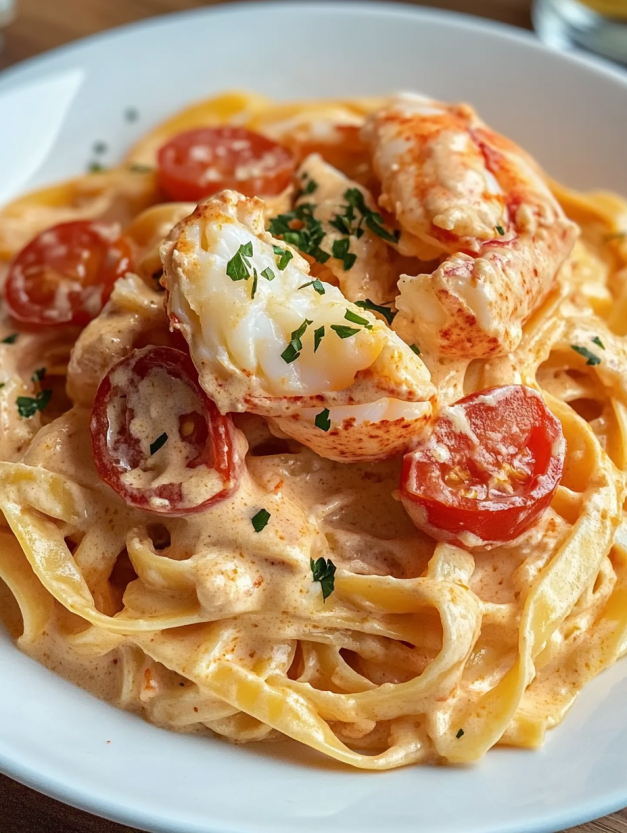 A plate of creamy tomato and lobster pasta.
