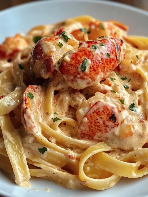 A dish of creamy tomato and lobster pasta.