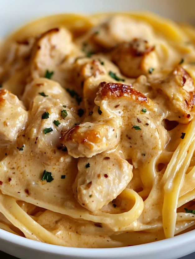 A plate of creamy cowboy butter chicken linguine.